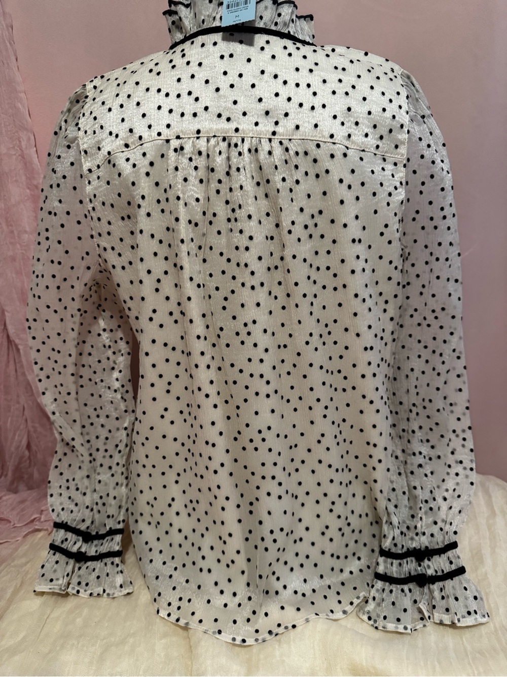 LOFT Cream Blouse with Black Polka Dots and Ruffle Tie-Neck - Picture 3 of 4